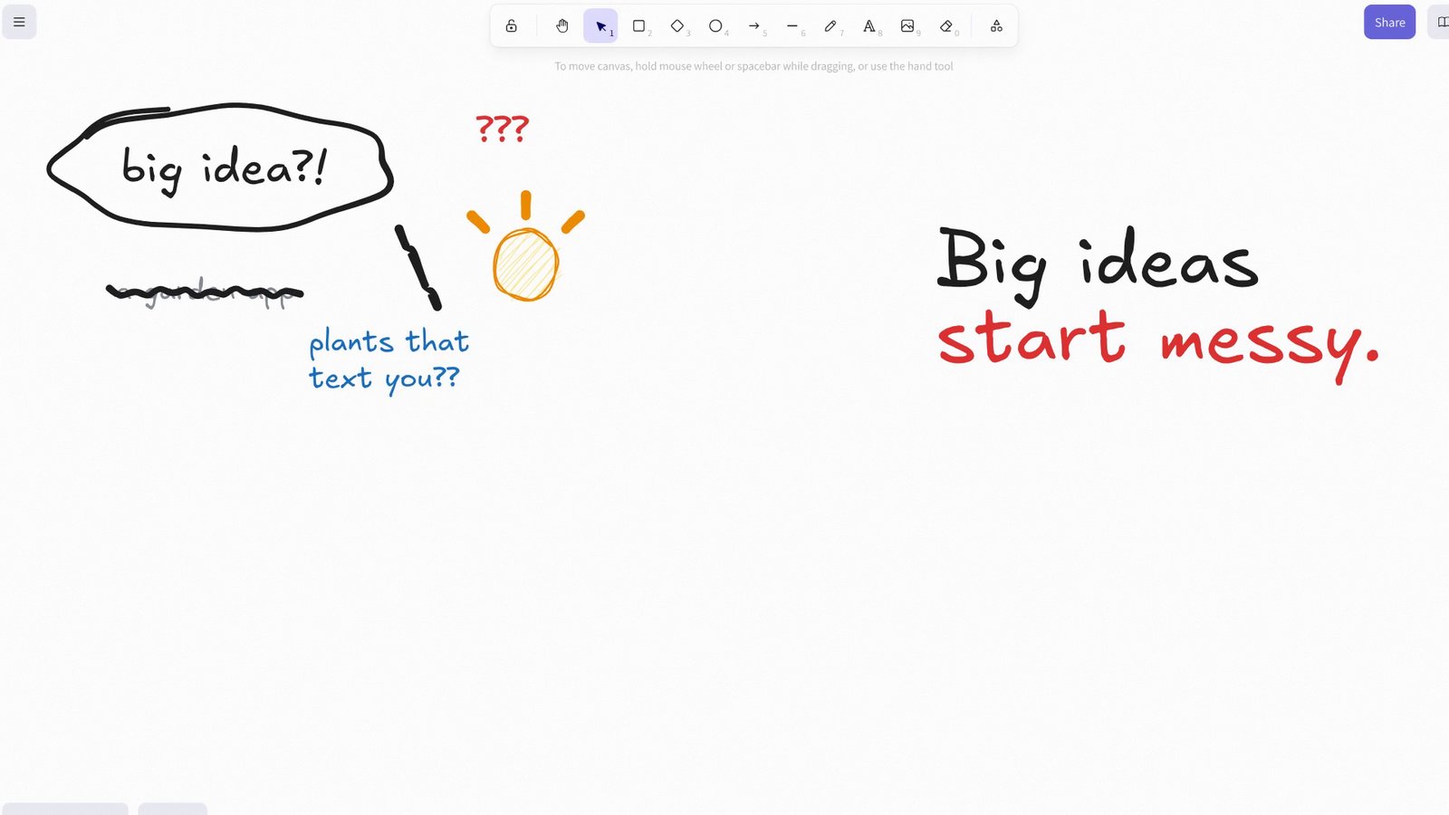 Still from the OVERSHOOT film about Excalidraw at 0:02.6: The messy opening, "big idea" bubble and lightbulb