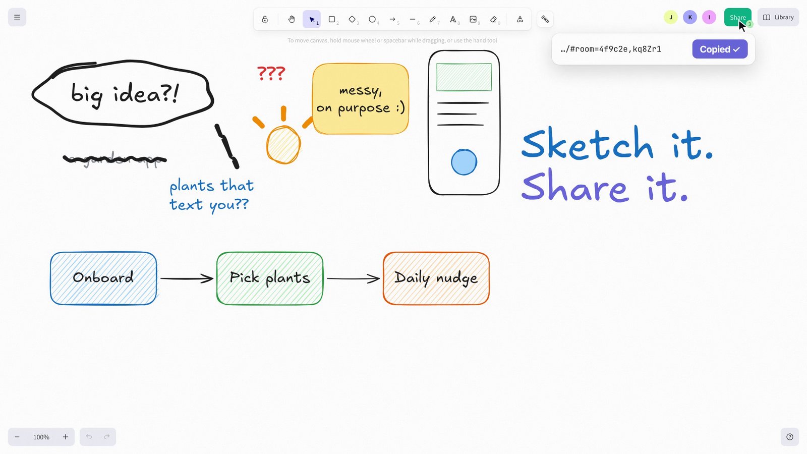 Still from the OVERSHOOT film about Excalidraw at 0:08.4: Flowchart done, link copied in the Share pill