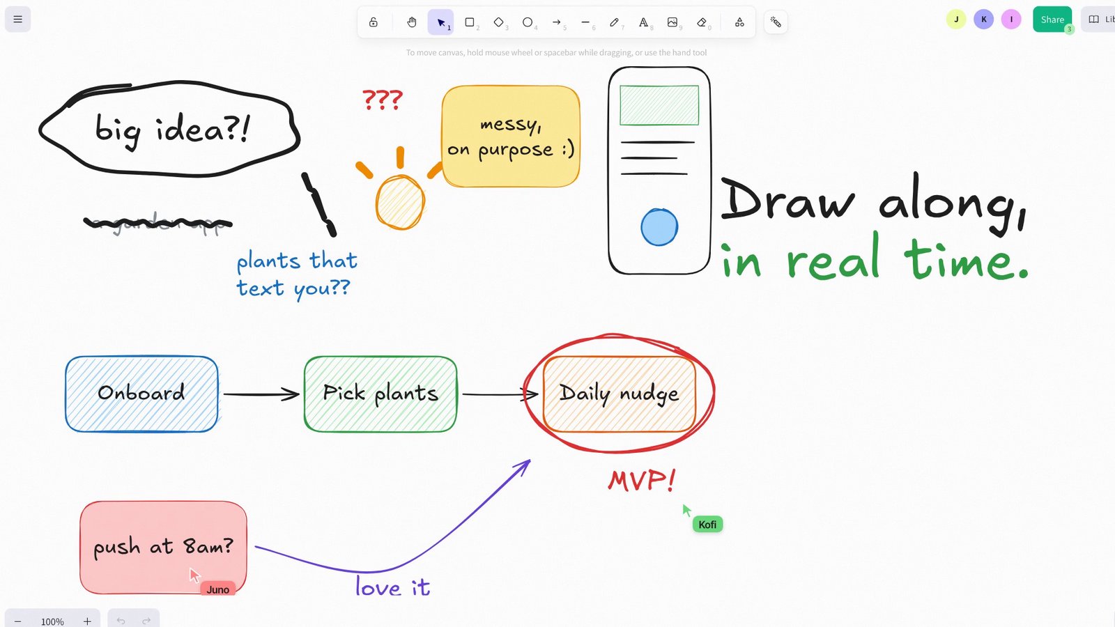 Still from the OVERSHOOT film about Excalidraw at 0:11.2: Teammate cursors drawing the MVP circle and the "love it" arrow
