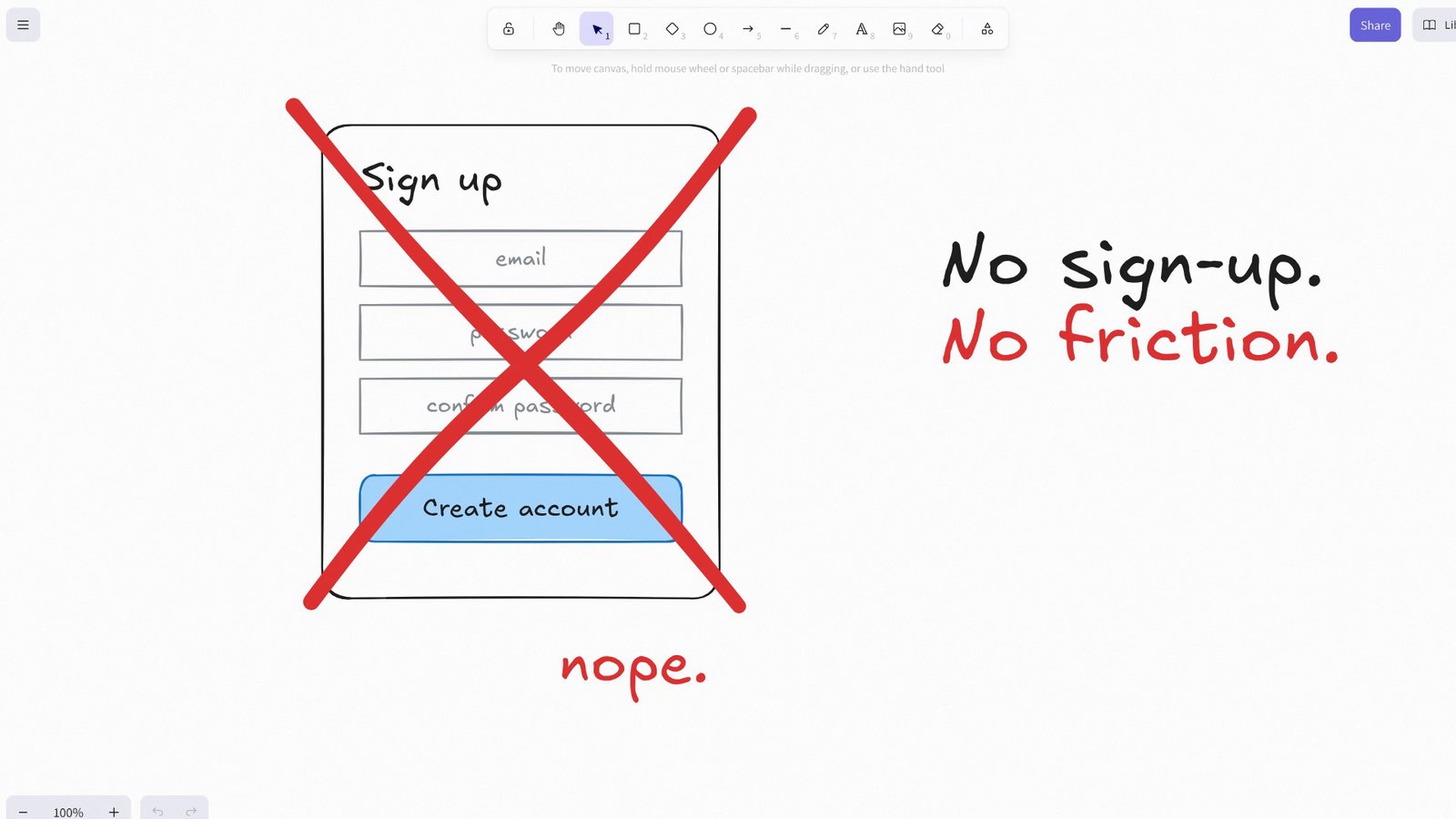 Still from the OVERSHOOT film about Excalidraw at 0:14.3: Sign-up form crossed out in red
