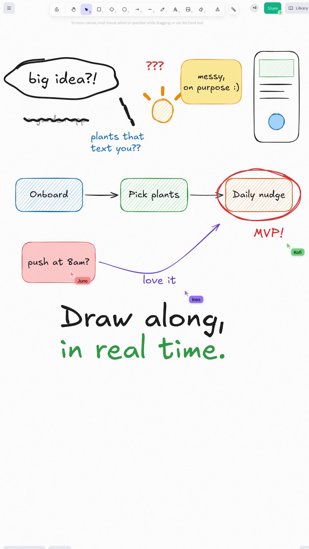 Still from the OVERSHOOT film about Excalidraw, vertical cut at 0:11.2: teammate cursors drawing on the canvas
