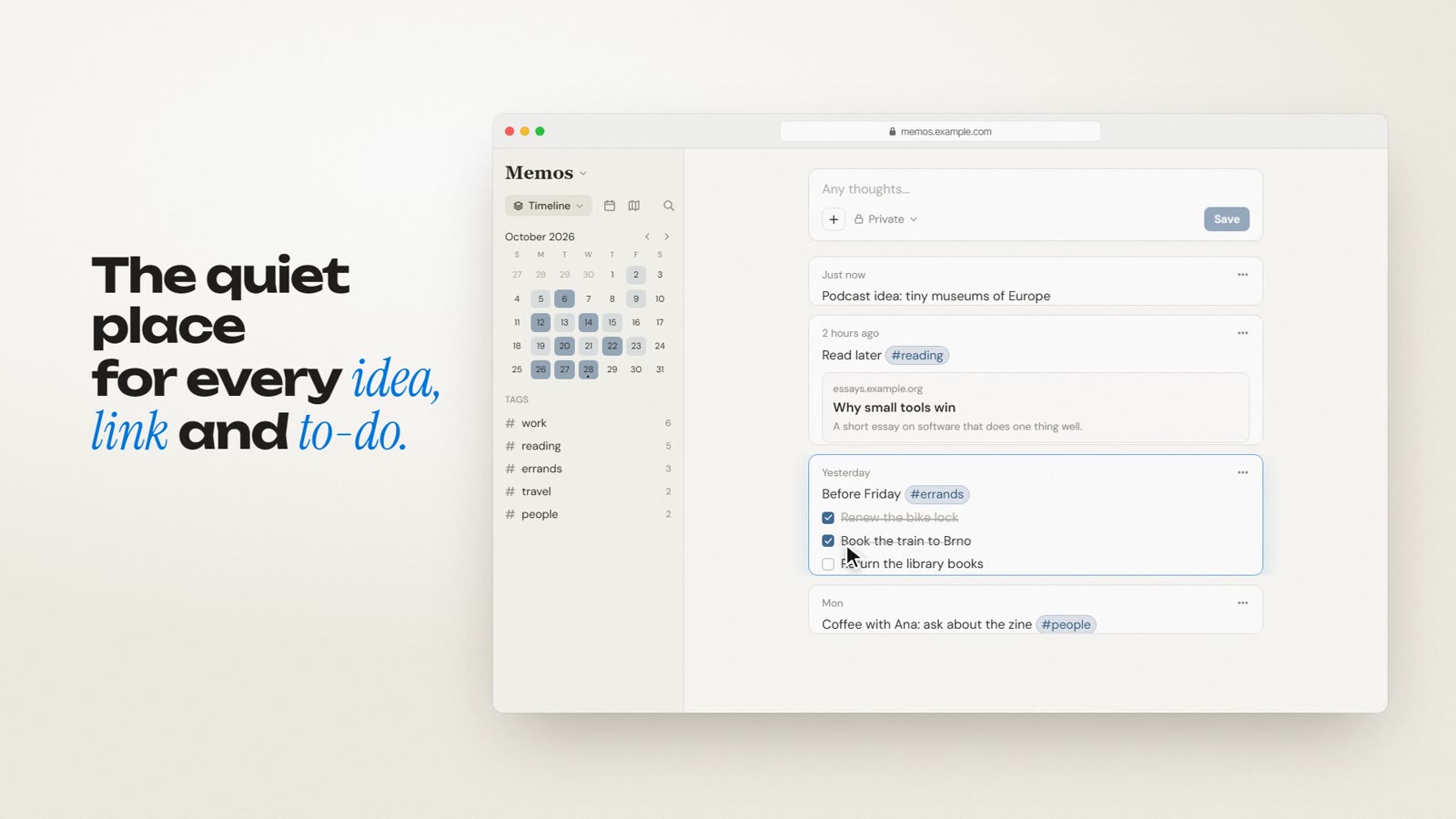 Still from the OVERSHOOT film about Memos at 0:06.9: the timeline with an idea, a link and a to-do list