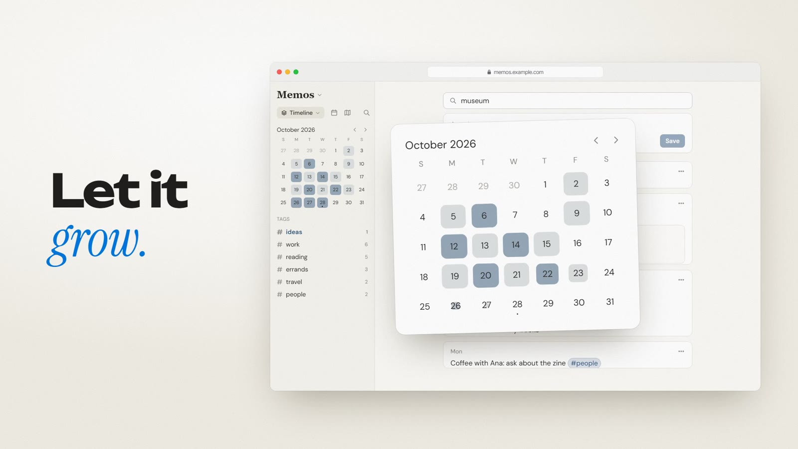 Still from the OVERSHOOT film about Memos at 0:10.0: the month calendar filling in