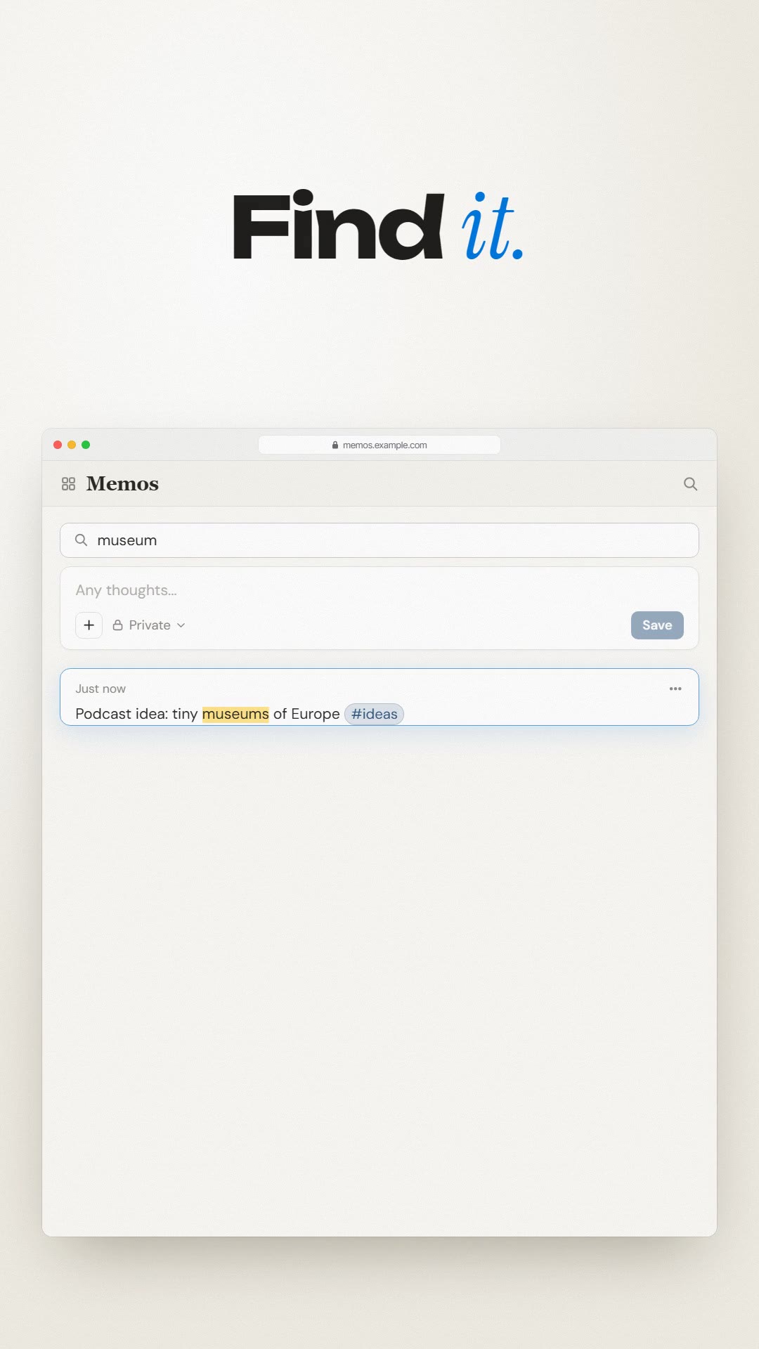 Still from the OVERSHOOT film about Memos, vertical cut at 0:09.1: a search filters the timeline to one memo