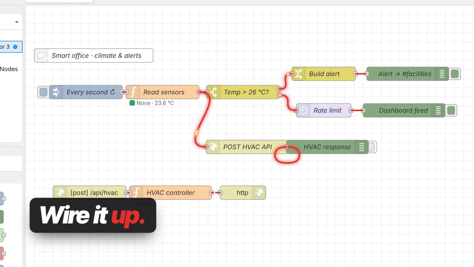 Still from the OVERSHOOT film about Node-RED at 0:08.3: Close on the flow as the wires light up