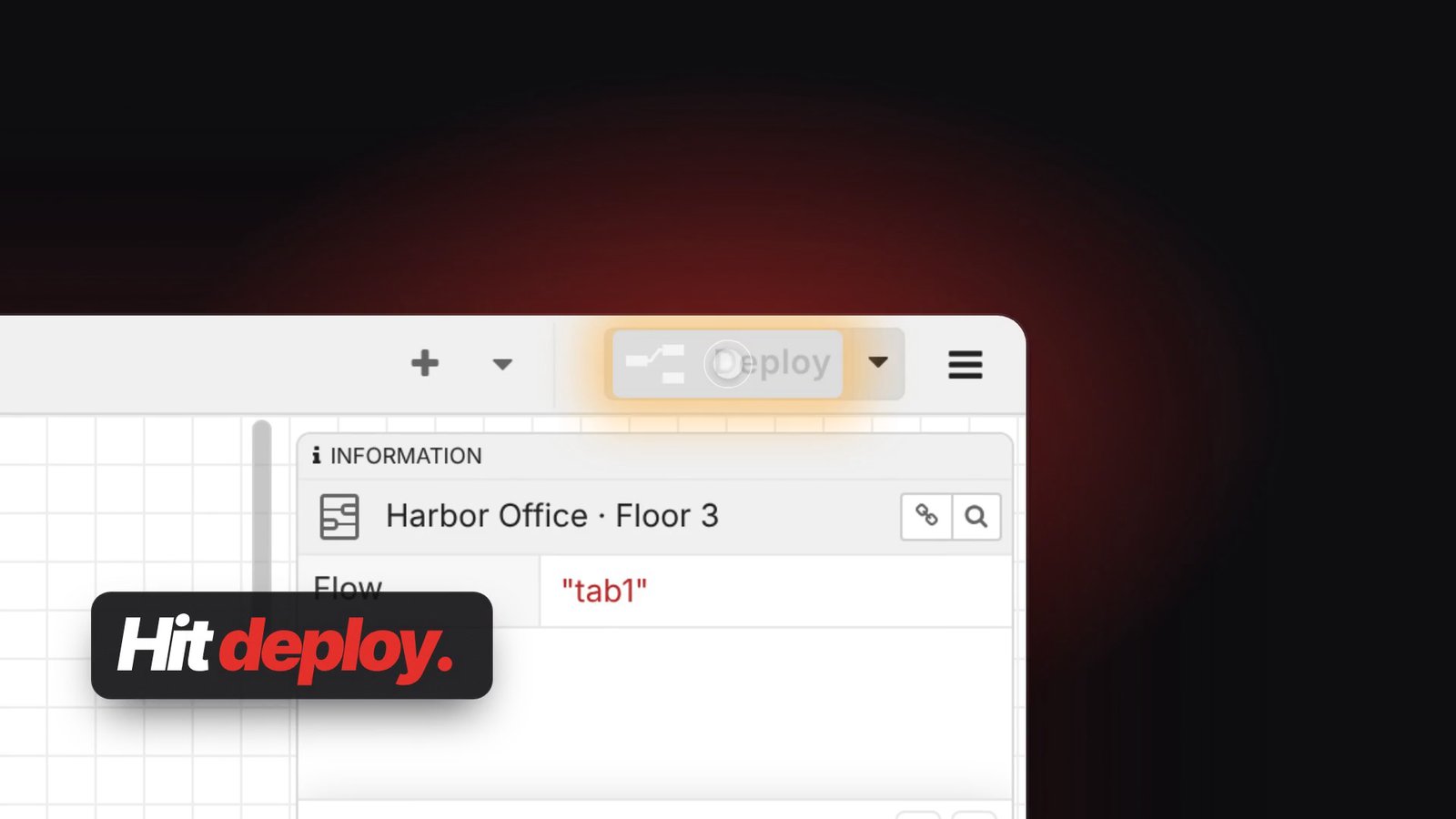 Still from the OVERSHOOT film about Node-RED at 0:09.0: The Deploy button glowing as it is pressed
