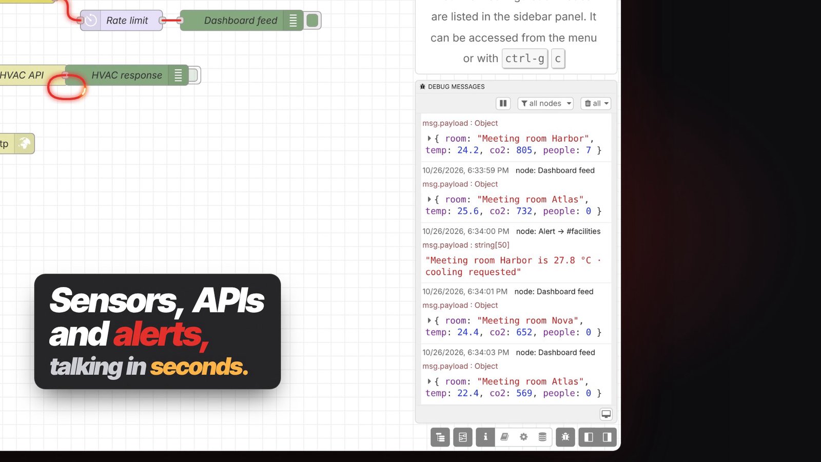 Still from the OVERSHOOT film about Node-RED at 0:13.8: Debug sidebar full of sensor messages
