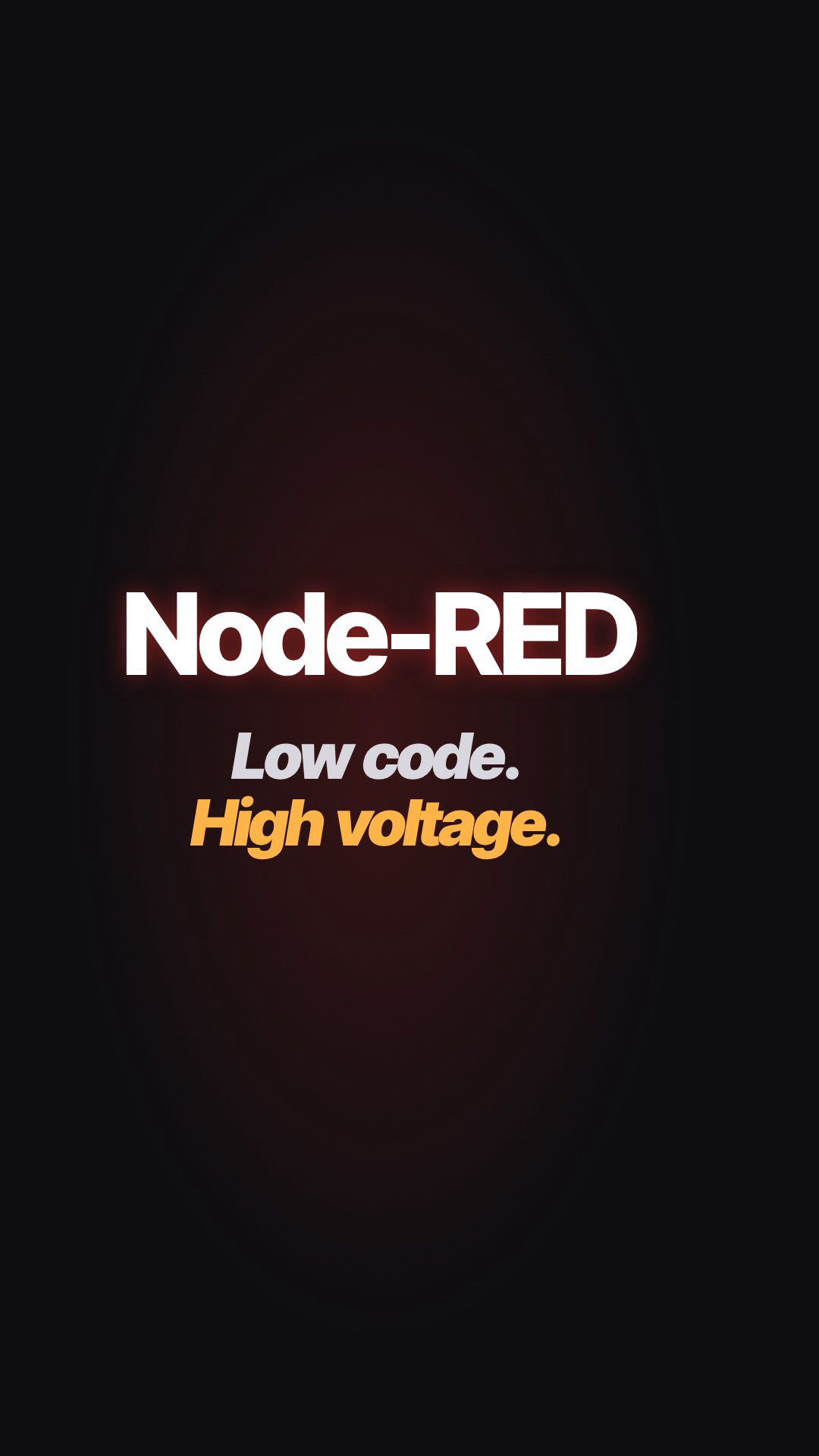 Still from the OVERSHOOT film about Node-RED, vertical cut at 0:18.2: Vertical end title, "Low code. High voltage."
