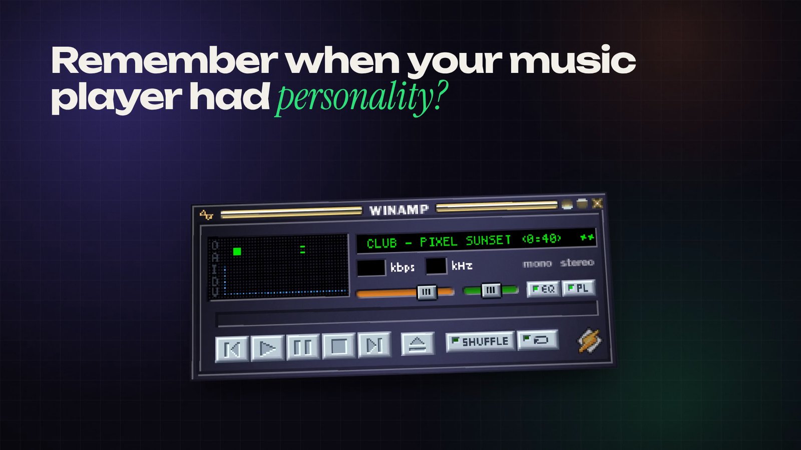 Still from the OVERSHOOT film about Webamp at 0:02.5: The player tilted on a dark grid under the opening question
