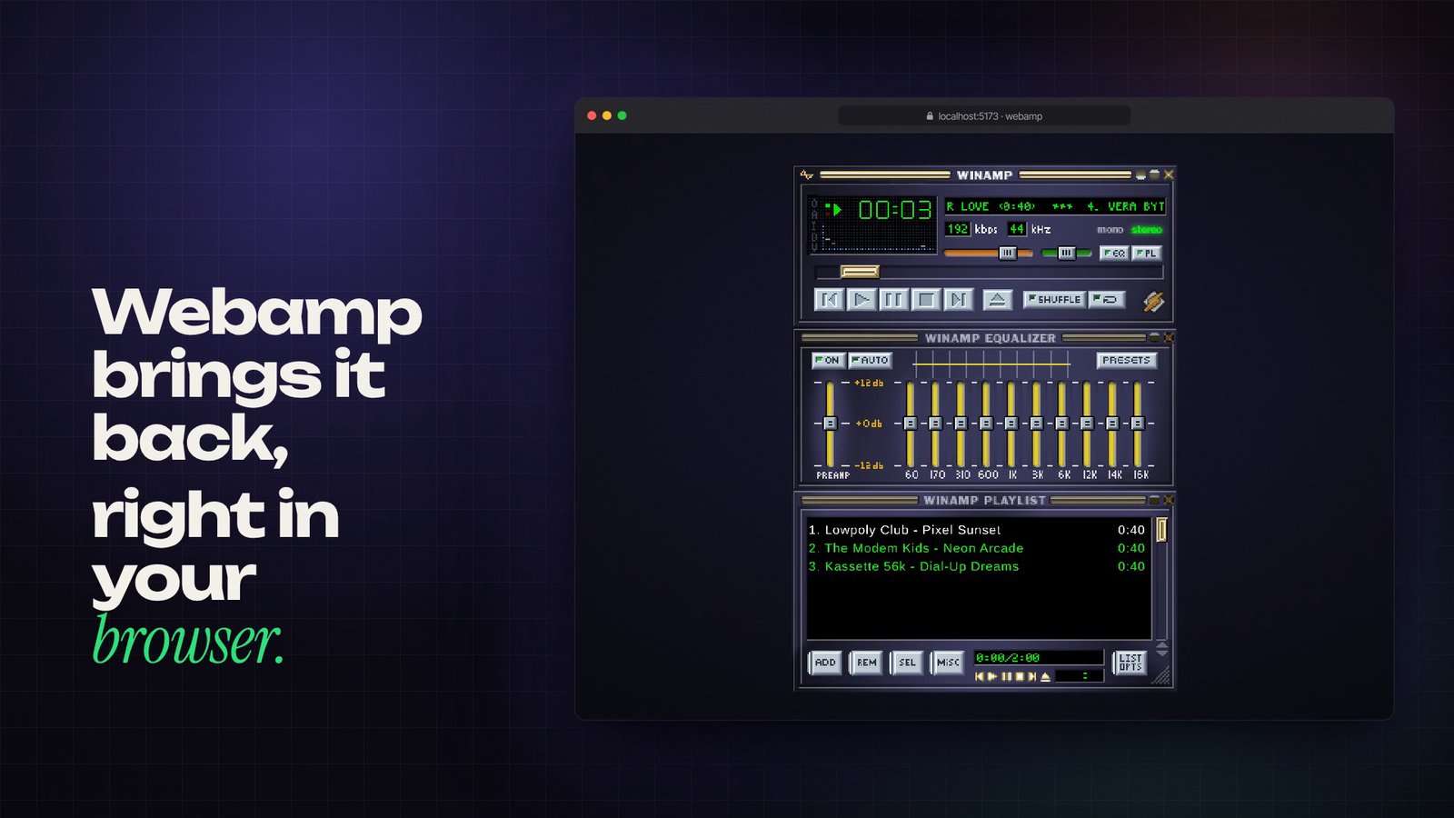 Still from the OVERSHOOT film about Webamp at 0:06.0: Player, equaliser and playlist in a browser window