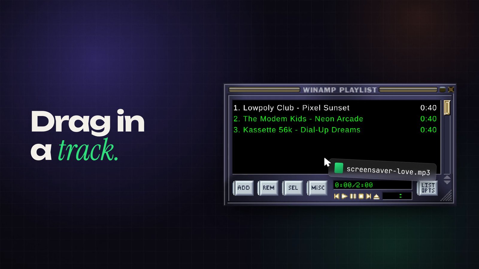 Still from the OVERSHOOT film about Webamp at 0:07.3: A file dragged into the playlist