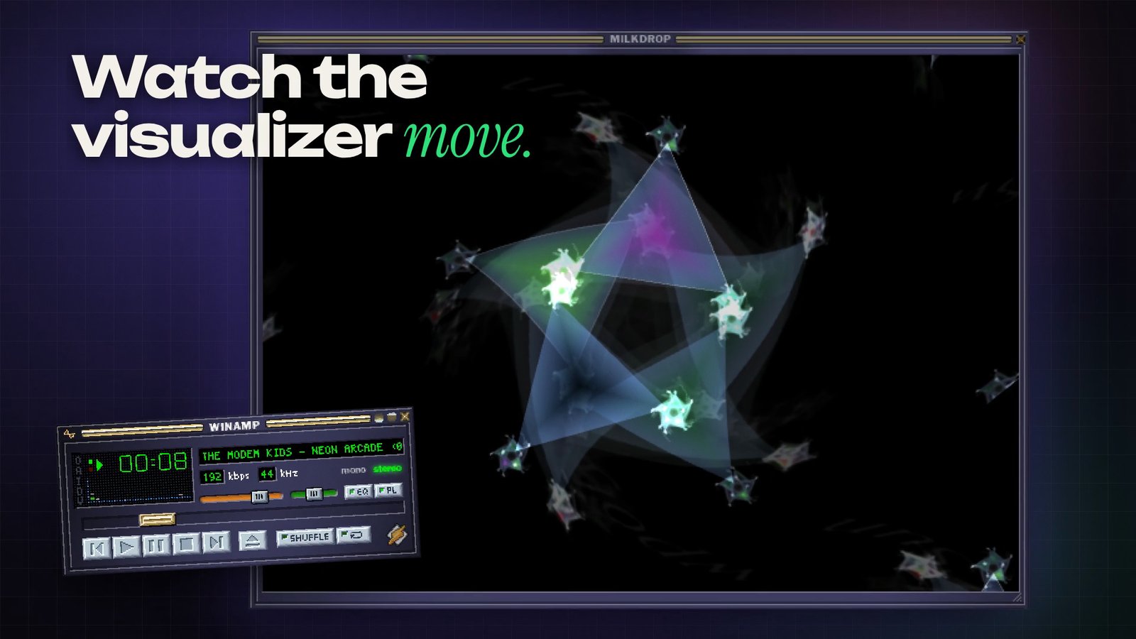 Still from the OVERSHOOT film about Webamp at 0:10.2: The visualiser window