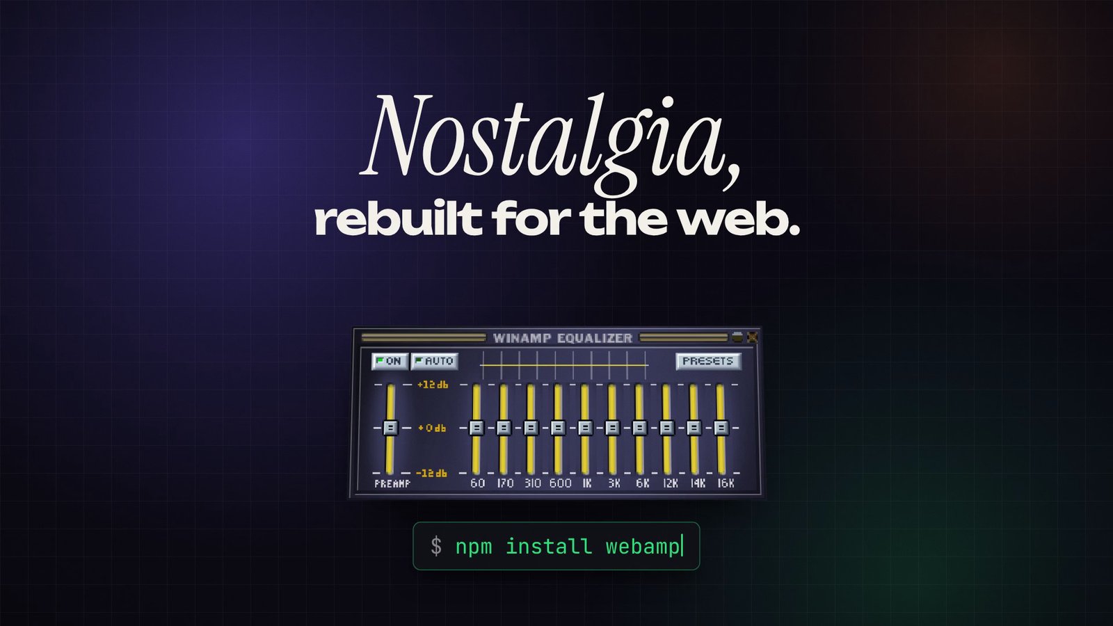 Still from the OVERSHOOT film about Webamp at 0:13.6: Equaliser and the install line