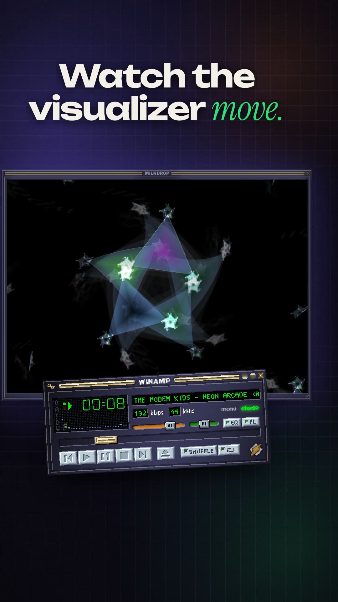 Still from the OVERSHOOT film about Webamp, vertical cut at 0:10.2: the visualiser window above the player